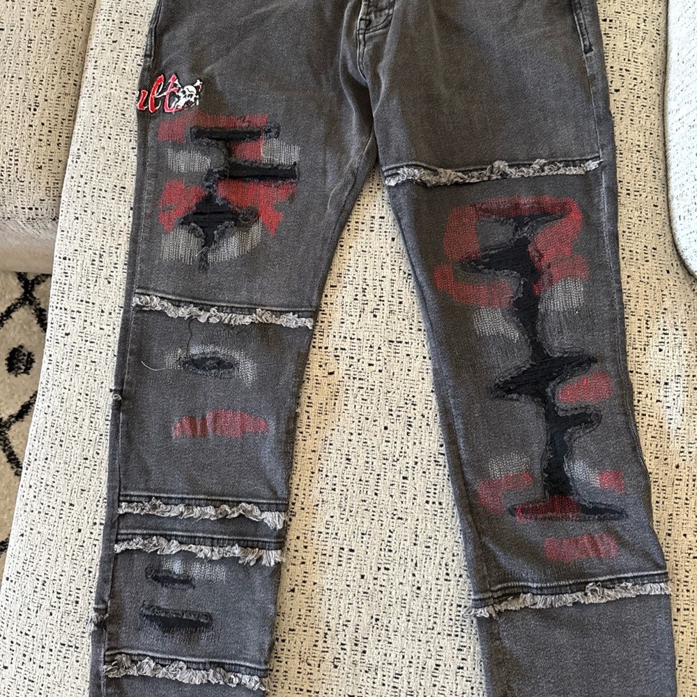 Edgy Gray Jeans with Red Details